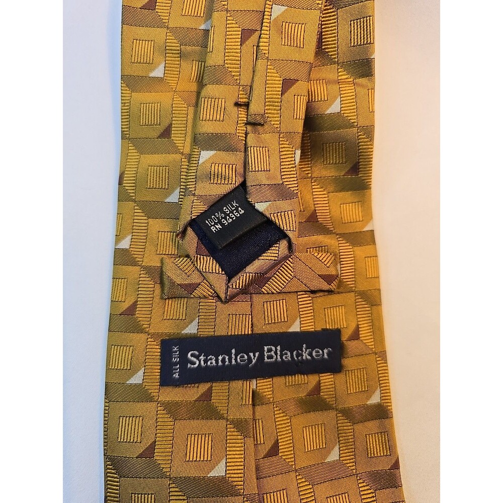 Y2K 90s STANLEY BLACKER 100% SILK MEN'S DRESSY NECKTIE Gold Squares 56"x4"